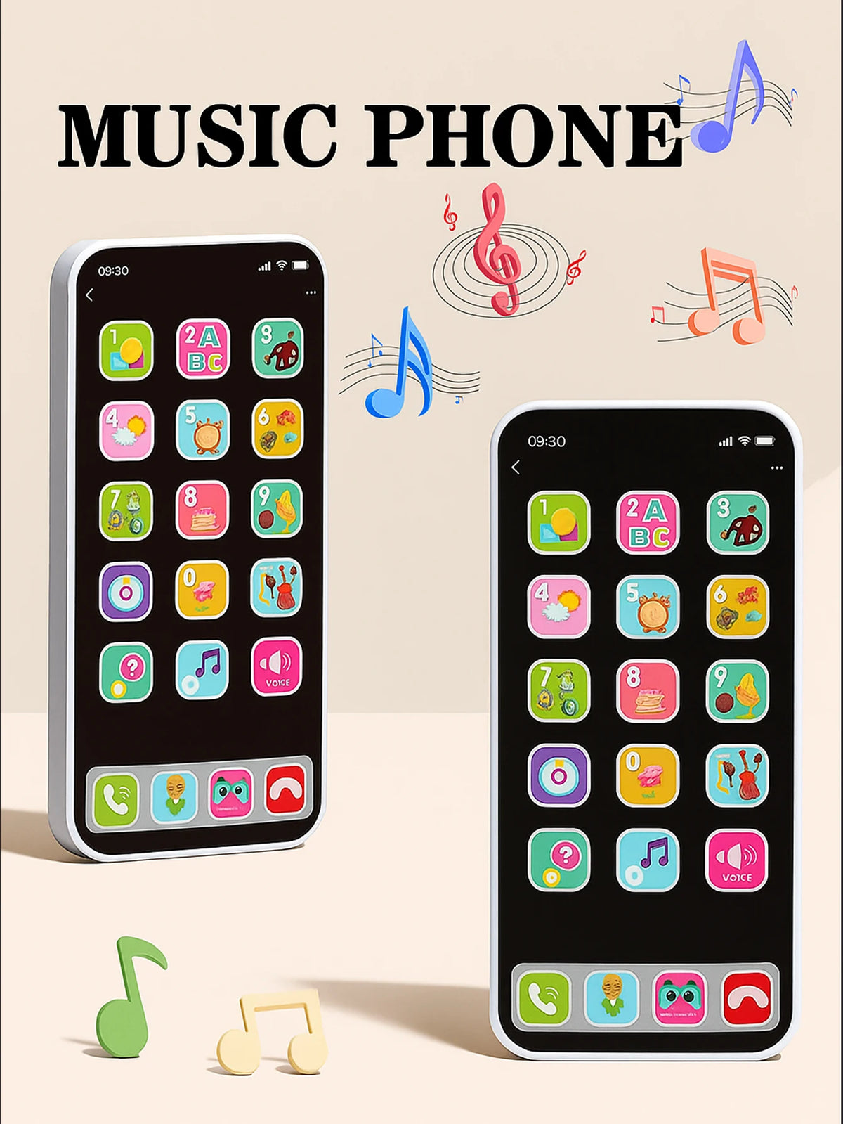 Two smartphones display an interactive baby learning phone toy with music and stories icons.