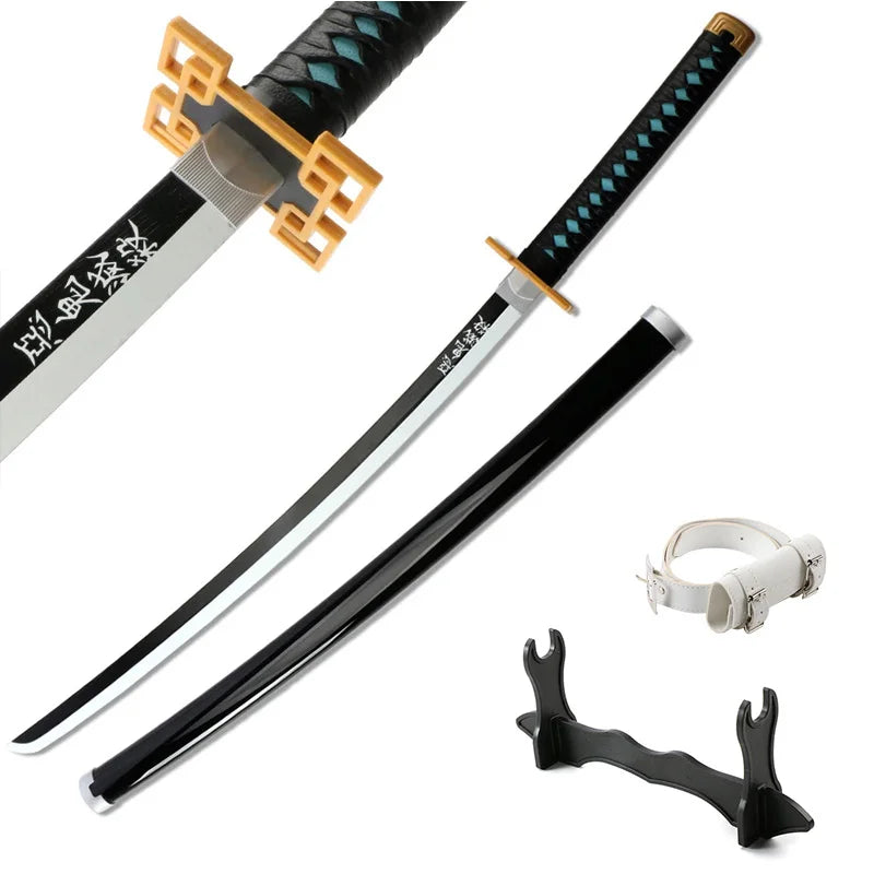 A black and gold Demon Slayer anime katana with a bamboo design and a sheath visible.