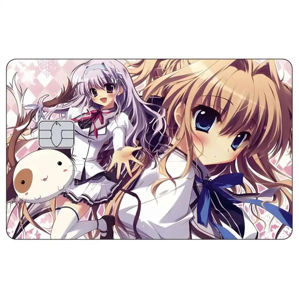 Anime girl credit card skin stickers featuring a purple-haired girl with light pink accents
