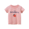 A pink short-sleeve cotton t-shirt for girls featuring a graphic of a strawberry and the text I like Strawberry.