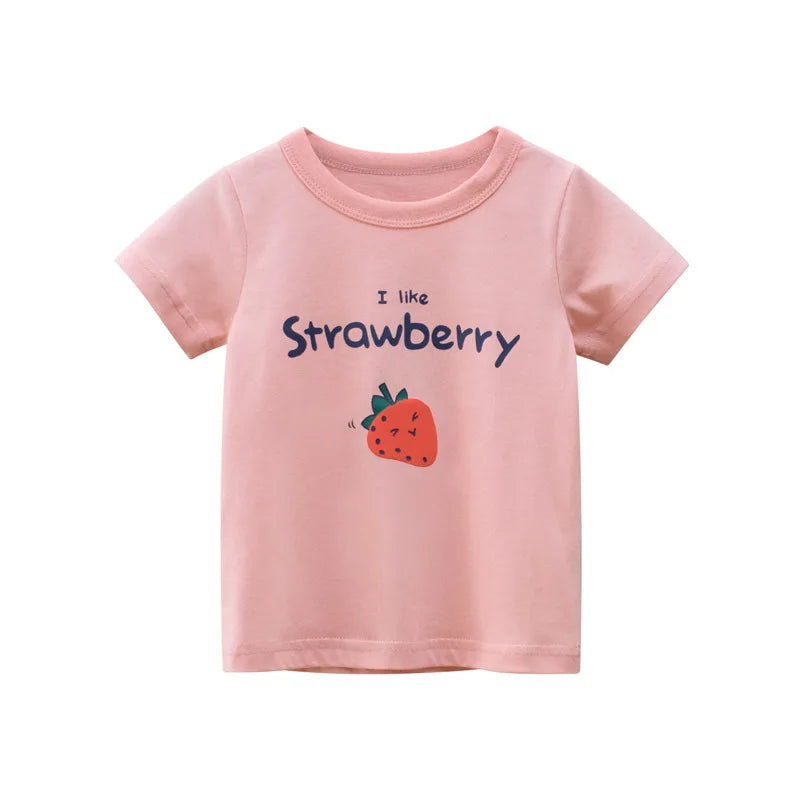 A pink short-sleeve cotton t-shirt for girls featuring a graphic of a strawberry and the text I like Strawberry.