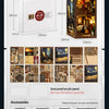 A kit for a DIY wooden book nook featuring miniature figurines and accessories like lamps and stickers.