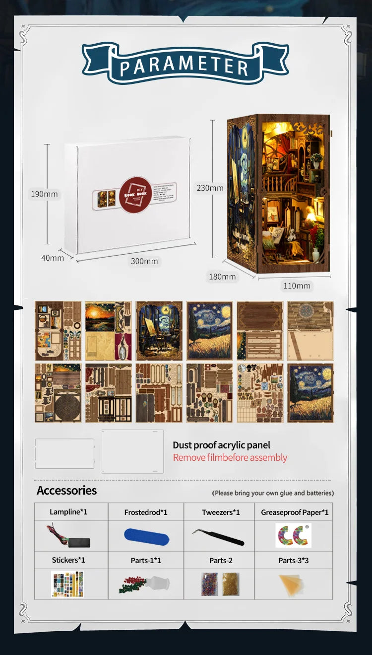 A kit for a DIY wooden book nook featuring miniature figurines and accessories like lamps and stickers.