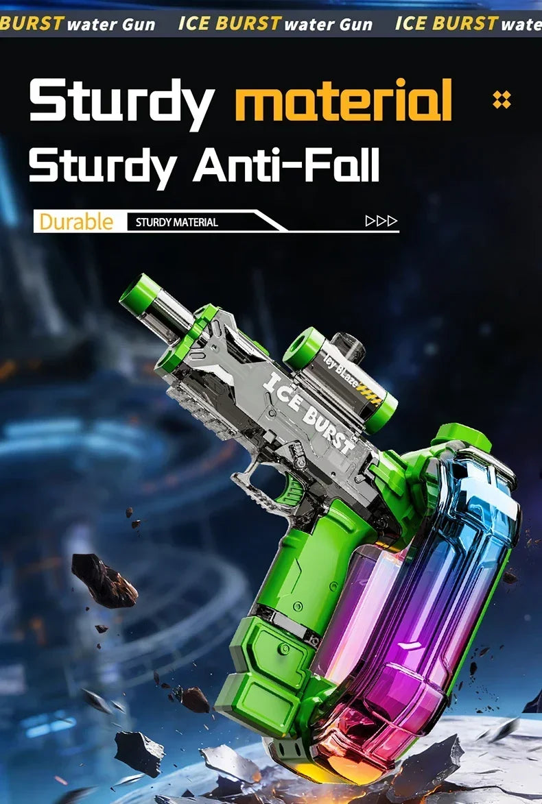 A green and silver ice burst water gun toy is shown in action against a dark, icy background.