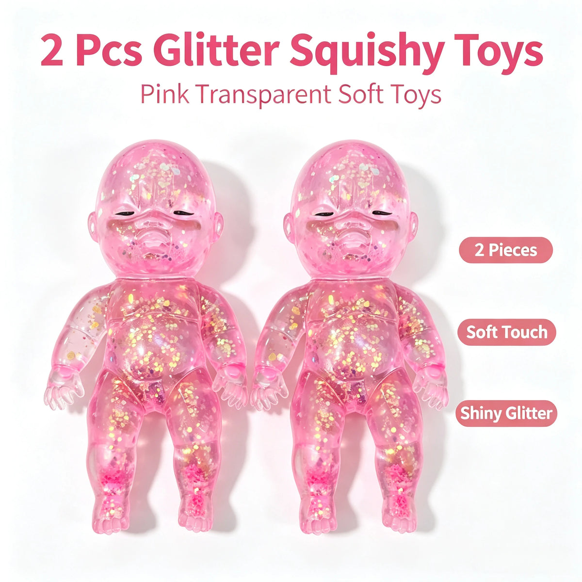 Two pink transparent soft toys or squishy toys with shiny glitter