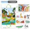 A set of 9 animal soft fabric toys including a giraffe, elephant, lion, tiger, panda, and more, packaged in a storage bag.