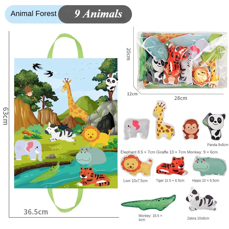 A set of 9 animal soft fabric toys including a giraffe, elephant, lion, tiger, panda, and more, packaged in a storage bag.