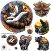 An irregular wooden puzzle featuring a sleeping tabby cat, a bear, and an elephant.