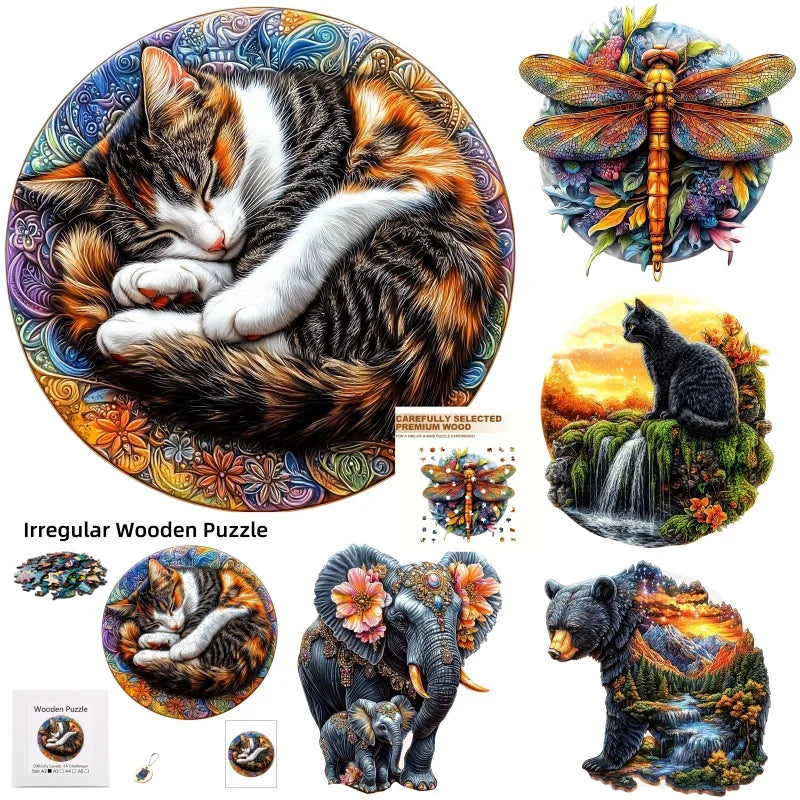 An irregular wooden puzzle featuring a sleeping tabby cat, a bear, and an elephant.