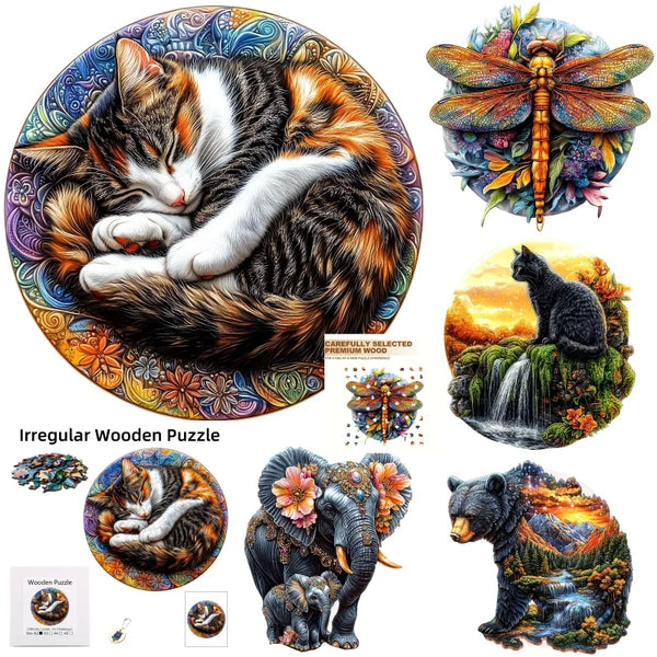 Ein unregelmäßiges Holzpuzzle mit einer schlafenden Katze, einem Bären und einem Elefanten.