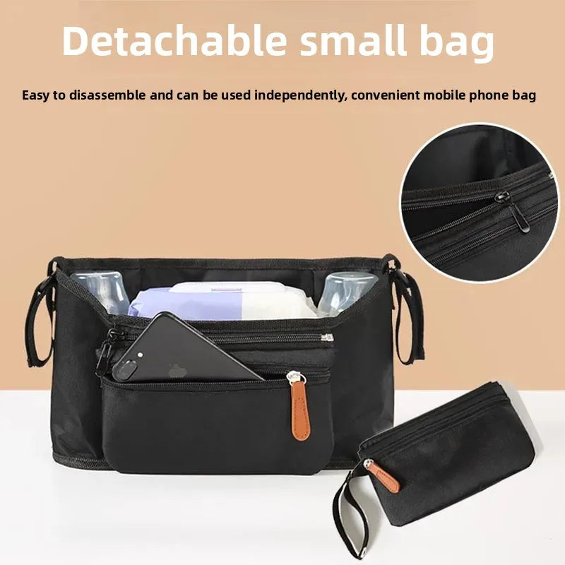Black detachable small bag used as a convenient mobile phone bag with a zipper and hanging features.