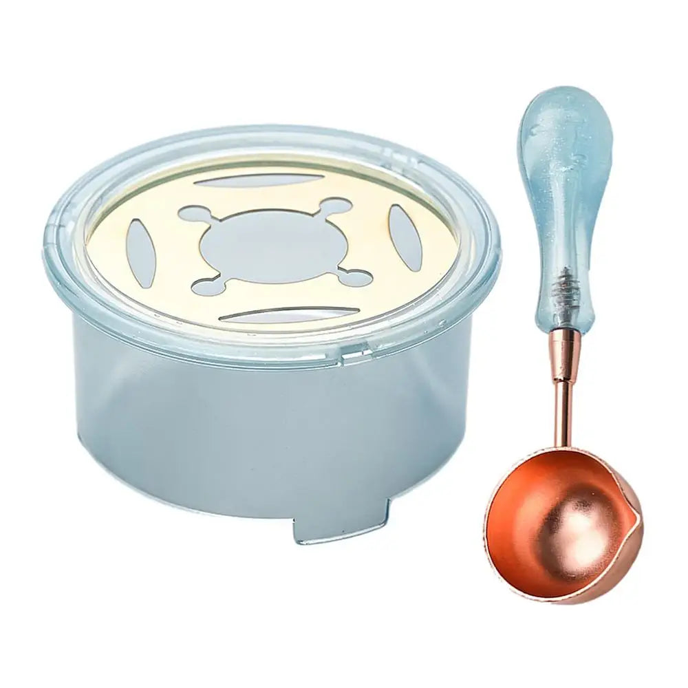 A light blue wax seal melting kit featuring a container, heater, and a small metal spoon.
