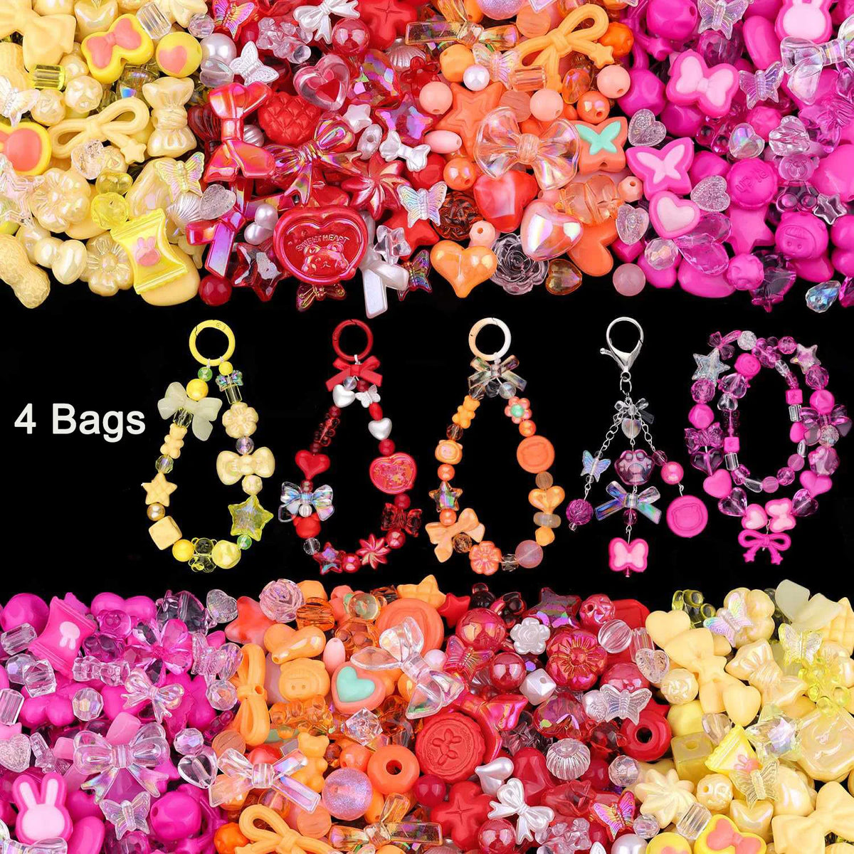 A colorful mix of acrylic beads in various shades including pink, red, orange, and yellow for DIY jewelry making
