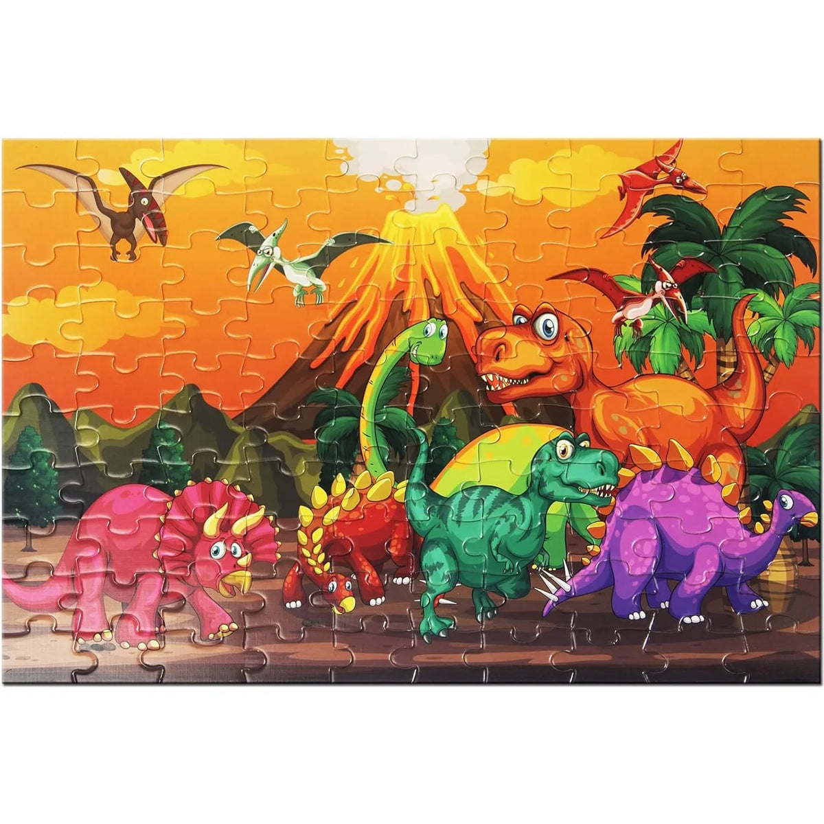 A 100-piece jigsaw puzzle featuring various dinosaurs and animals against a yellow background.