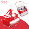A red Toniebox travel case with an adjustable strap and a clear light panel shown in various views.