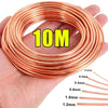 A hand holds a coil of 10 meters of solid bare copper wire, showing various gauges from 0.2mm to 1.2mm.