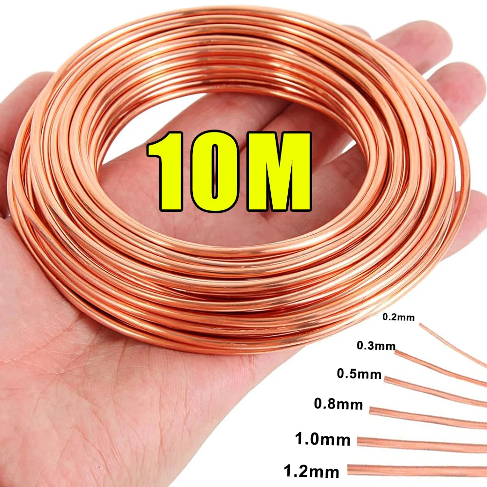 A hand holds a coil of 10 meters of solid bare copper wire, showing various gauges from 0.2mm to 1.2mm.