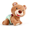 A brown teddy bear toy designed for babies, featuring an interactive musical crawling mechanism.