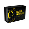 A black box for the Unstable Unicorns card game featuring a yellow silhouette of a unicorn head.