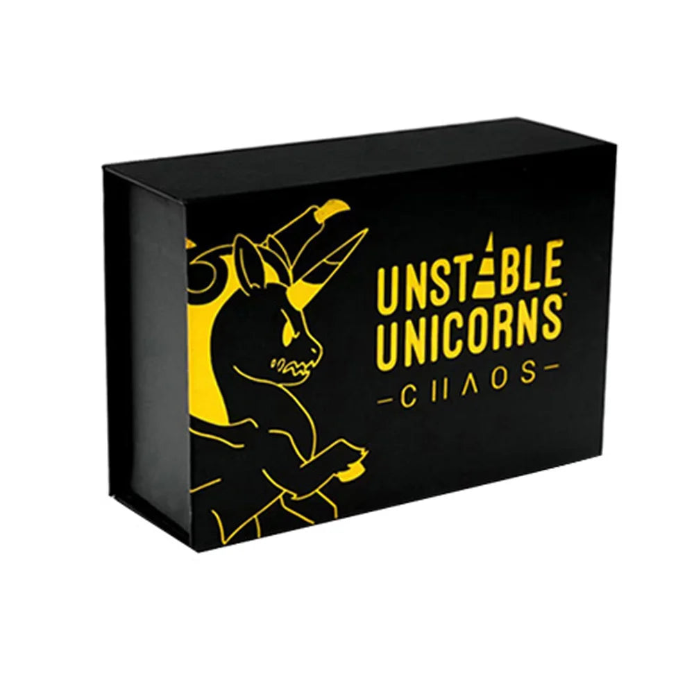 A black box for the Unstable Unicorns card game featuring a yellow silhouette of a unicorn head.
