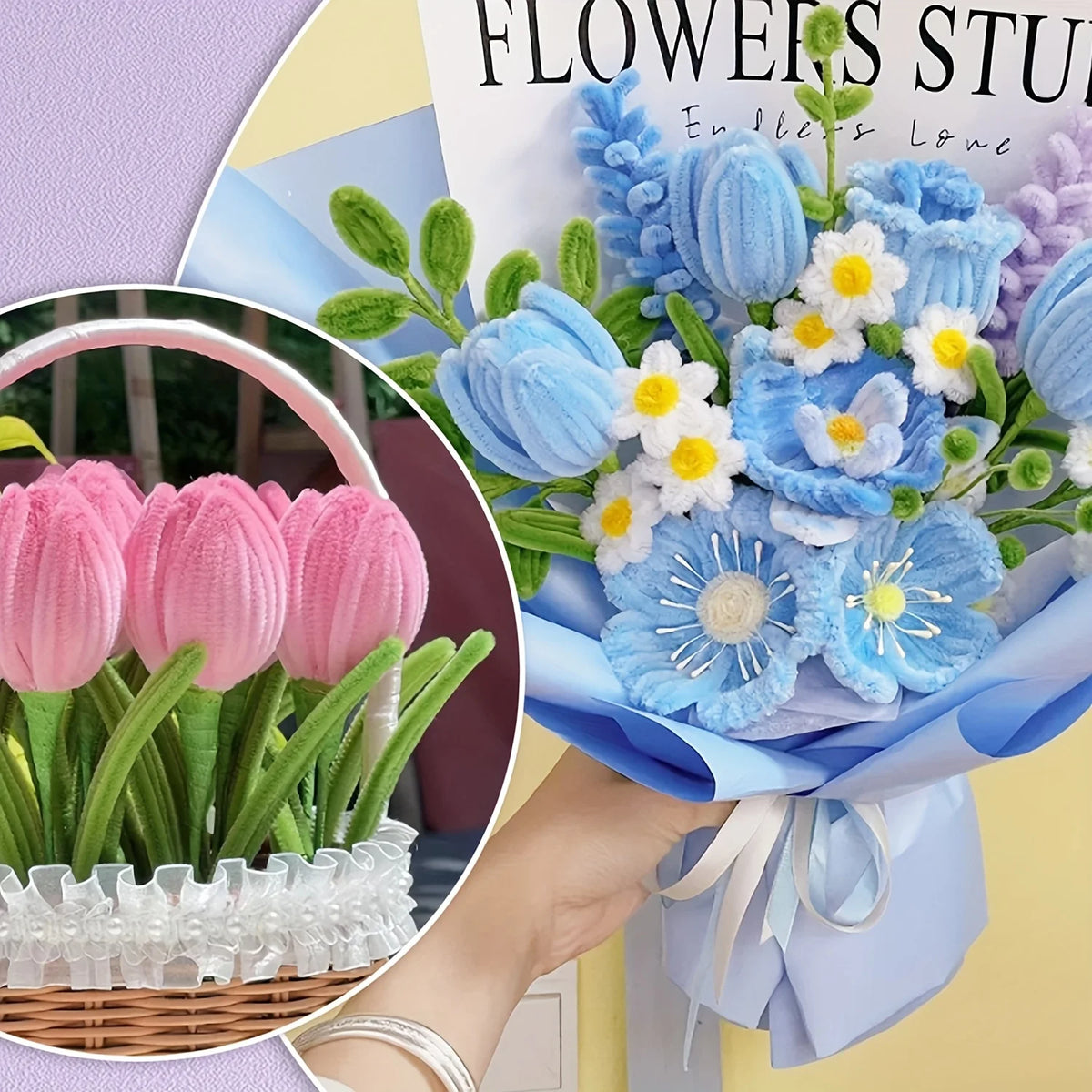 Un bouquet de fleurs bleues dans un papier bleu à côté d'un panier de tulipes roses.