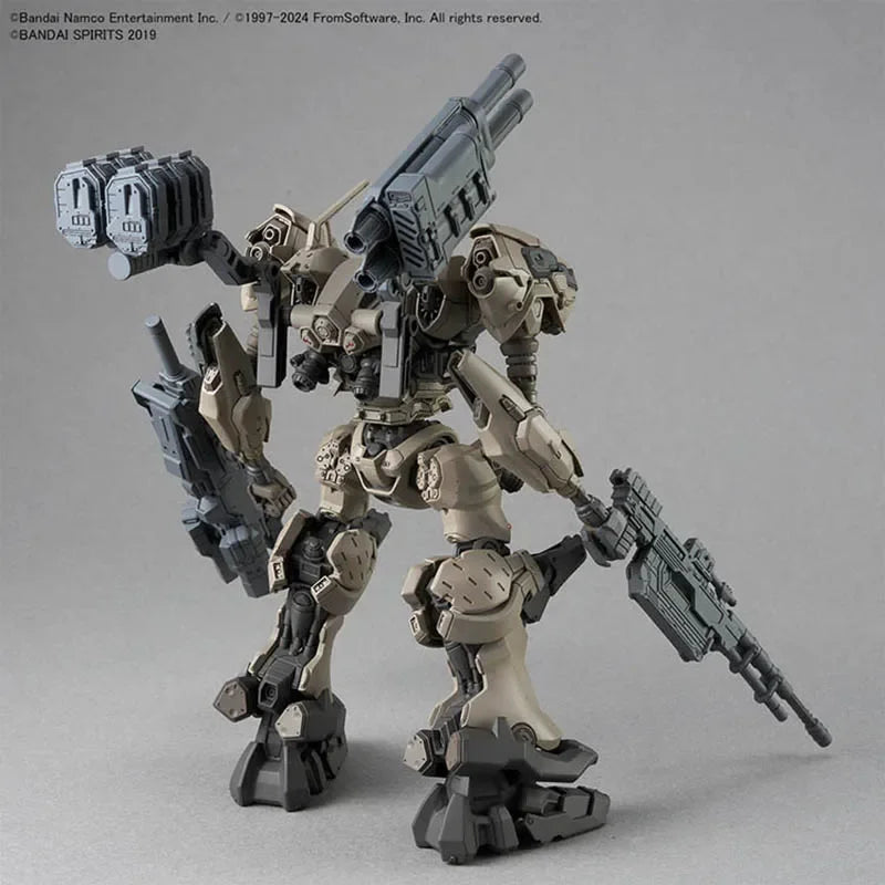 A detailed plastic model kit of the Bandai 30MM Armored Core VI: VP-40S Steel Haze Nightfall Mecha, painted in gray and dark 