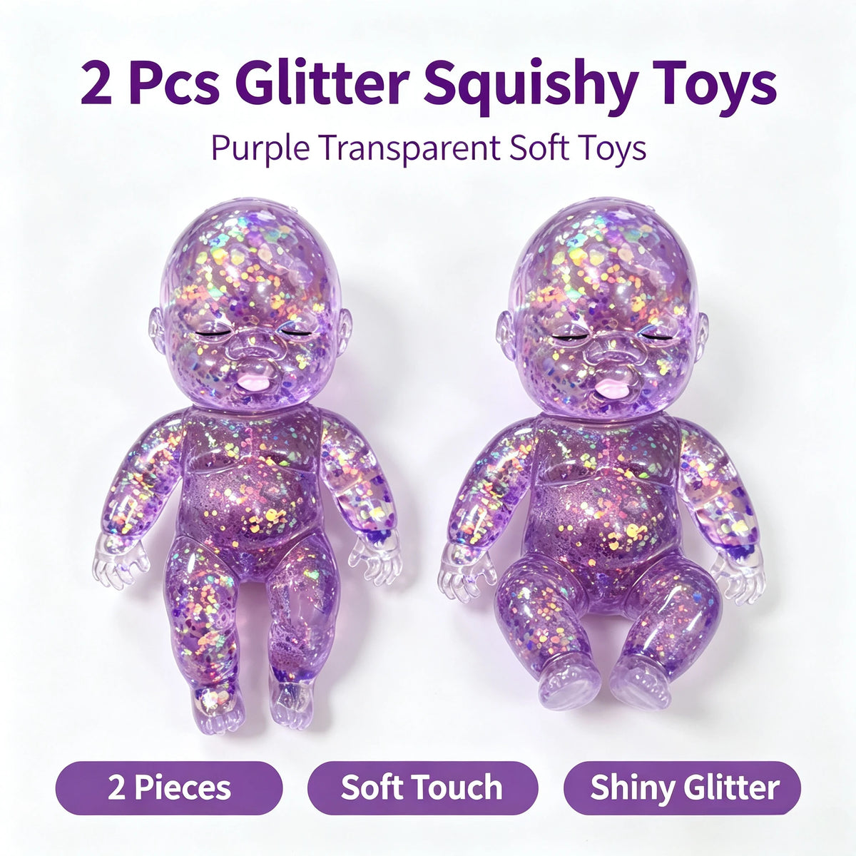 Two purple transparent soft squishy toys with glitter finish