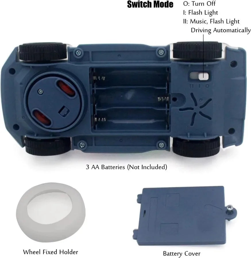A blue police car toy switch mode featuring a battery cover and wheel fixed holders.