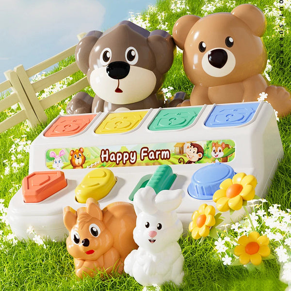 A set of happy farm animal toys including a brown bear, a yellow duck, and a white rabbit in a grassy outdoor setting.