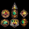 A set of seven sharp edge resin dice in various colors and shapes for role-playing games