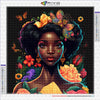 A vibrant diamond painting portrait of an African woman with elaborate hair adorned with colorful flowers and butterflies.