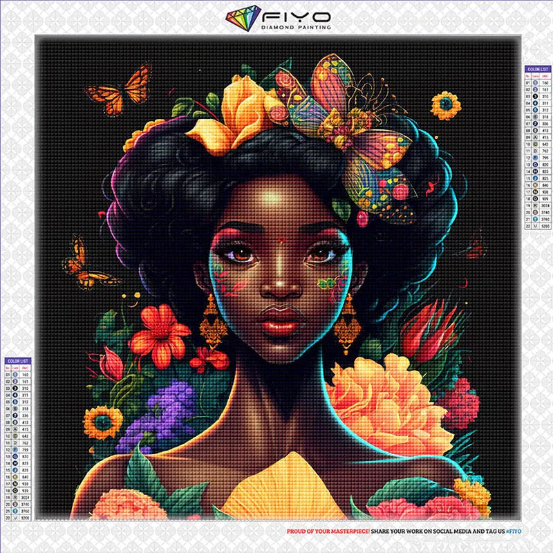 A vibrant diamond painting portrait of an African woman with elaborate hair adorned with colorful flowers and butterflies.