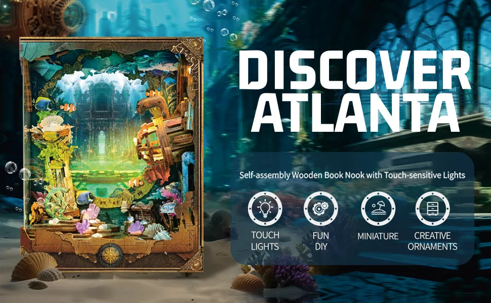 Self-assembly wooden book nook with touch-sensitive lights featuring an underwater miniature diorama.