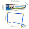 A portable soccer goal set includes a net, posts, and a football, with dimensions provided.