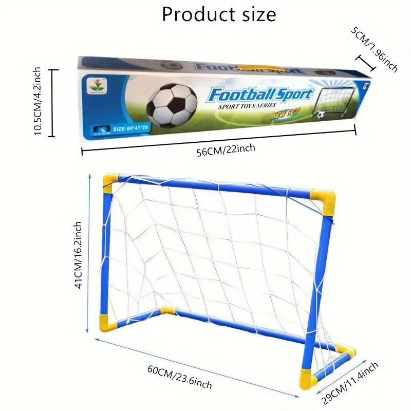 A portable soccer goal set includes a net, posts, and a football, with dimensions provided.
