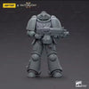 A grey 1/18 scale Warhammer 40K Intercessor action figure in a detailed military pose.