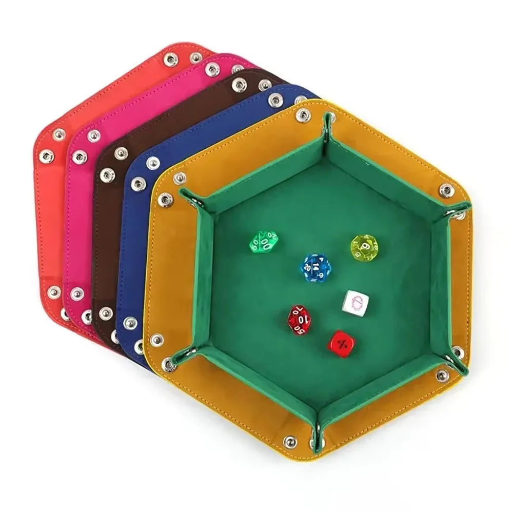A set of six colorful foldable PU leather hexagonal dice trays arranged in a row.