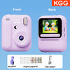 Front and back views of a pink instant print camera showing the front lens and screen interface