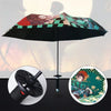 A black 3-fold umbrella featuring a Demon Slayer Katana design with green and red accents.