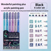 A set of six black acrylic gel pens with various colors displayed on a white background.