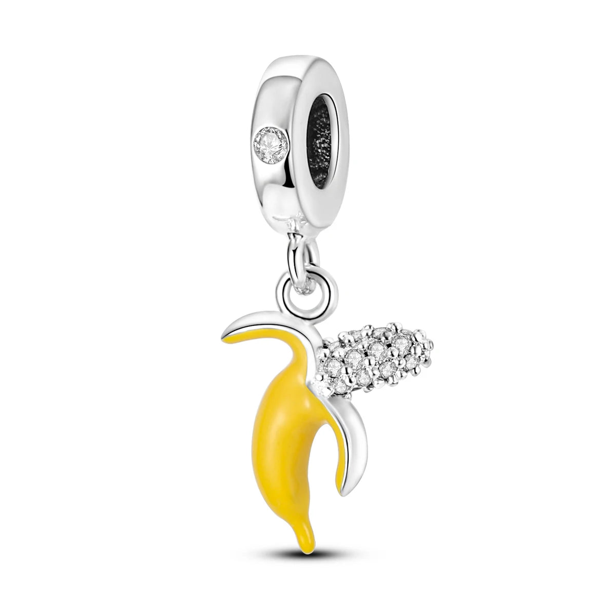 A silver fruit charm bead set featuring a yellow banana shape and a clear zircon gemstone.