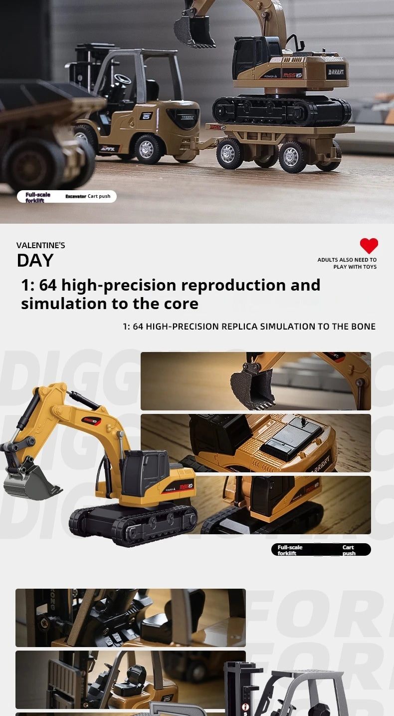 A set of mini RC construction vehicles, including an excavator and a cart push, with a 2.4G remote control.
