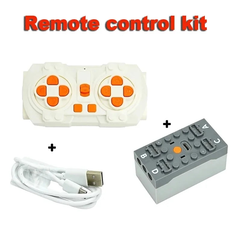 A white remote control kit with a transmitter and receiver components for building blocks.