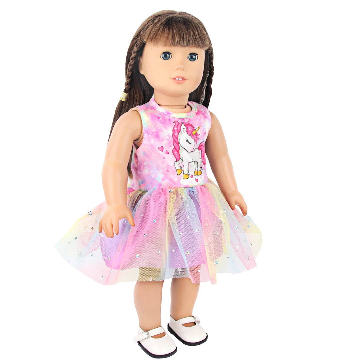 A doll wearing a pink unicorn skirt outfit with a white unicorn design and sparkly tulle.