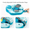 A blue baby swim float featuring freely adjustable crotch and shoulder straps.