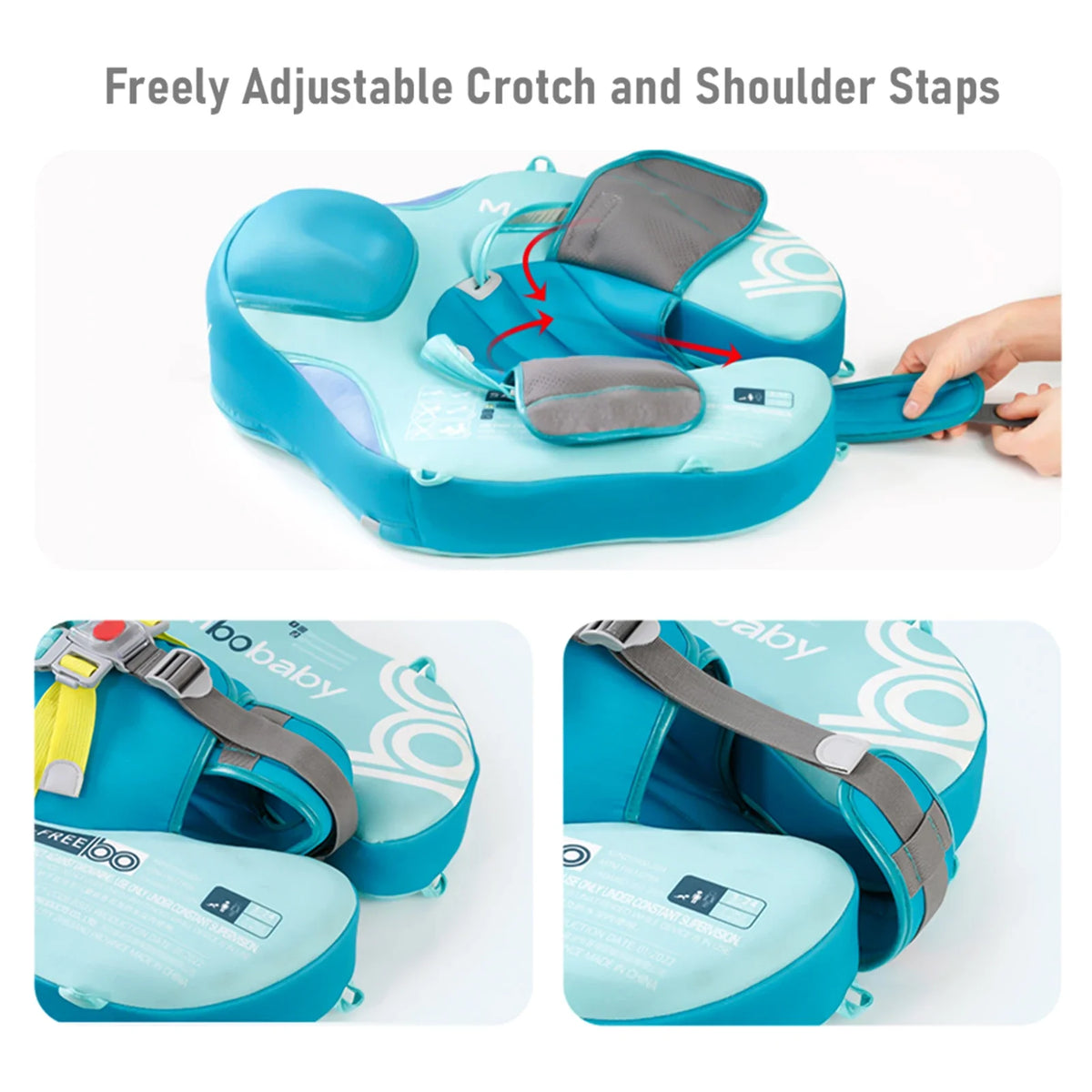 A blue baby swim float featuring freely adjustable crotch and shoulder straps.