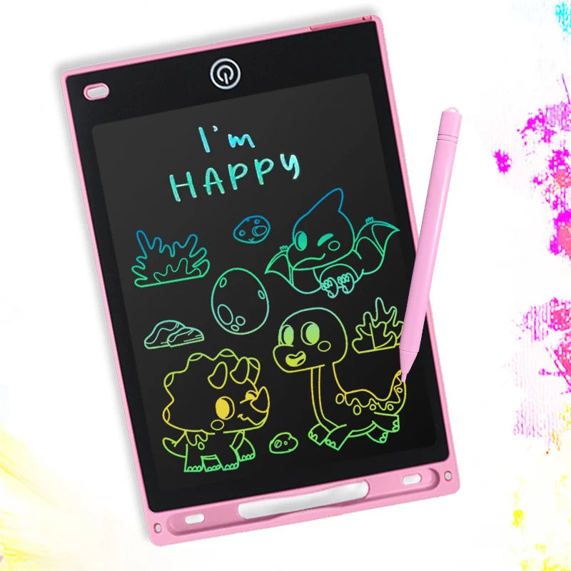 A pink writing tablet displaying the text I'm HAPPY written in neon green, surrounded by cute dinosaur and egg illustrations.