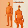 Full body orange spandex morph suit with a mustache and eyebrows shown in two styles.