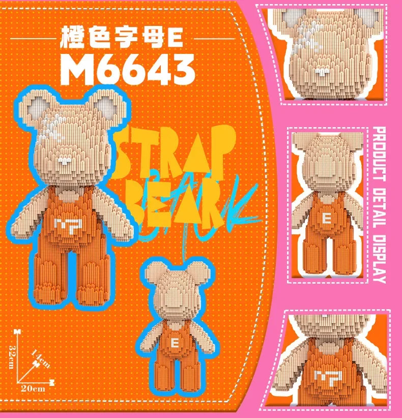 A set of wooden building blocks shaped like a bear, featuring an E-shaped detail display.
