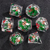 A set of liquid core polyhedral dice featuring green and red glitter with white and red patterns on a black surface.